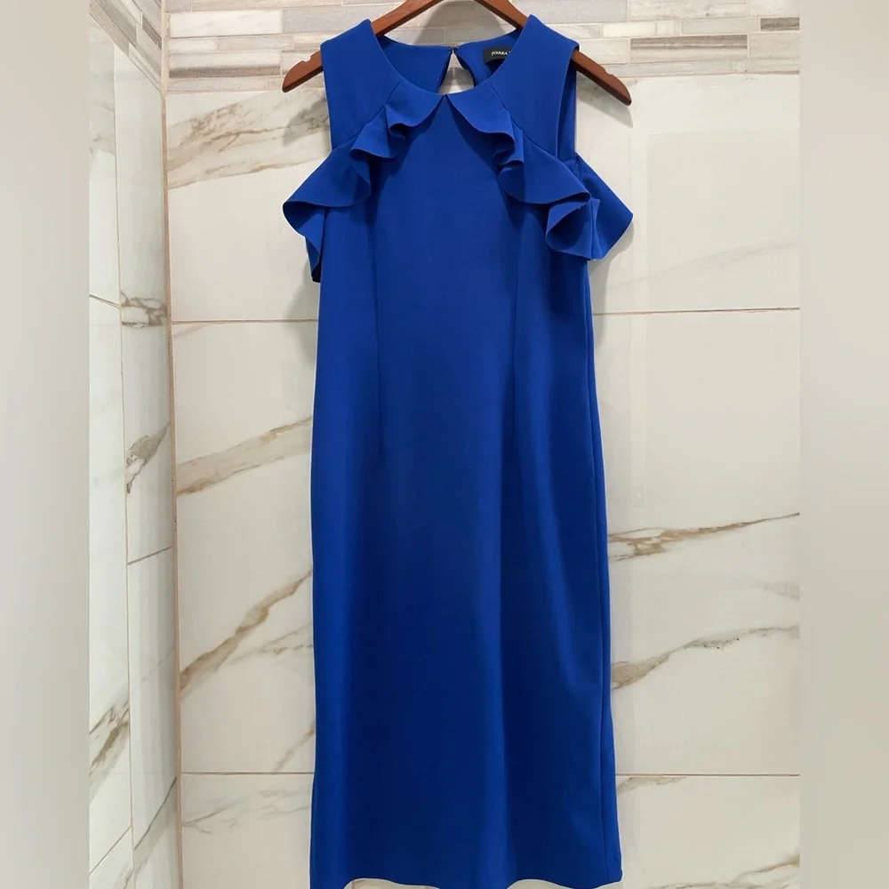 Ivanka Trump Royal Blue Ruffle Cold Shoulder Midi Dress • Size 8 cocktail - Picture 3 of 12